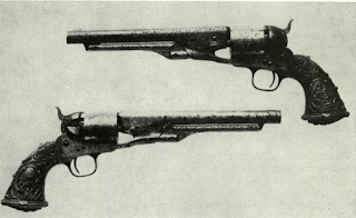 Post-fire New Model Army ,44’s are “civilian models” without cut in breech for stock. Highly finished pair in Smithsonian Institution have Tiffany grips with scenes of Union cavalry victorious in battle.