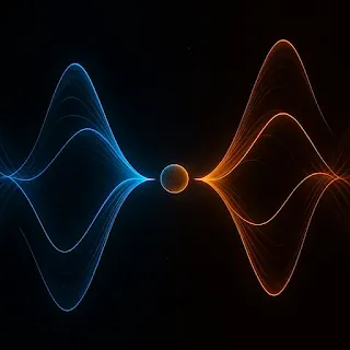 Two glowing sound waves intersecting in a dark void, trapping a dust particle at the wave node.