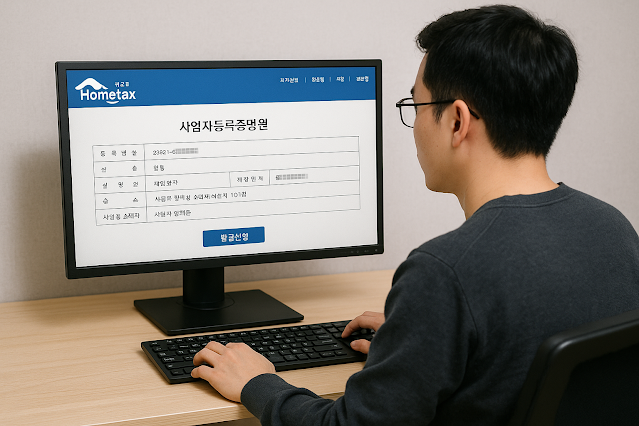 한 남성이 컴퓨터 앞에 앉아 홈택스를 통해 사업자등록증명원을 발급받고 있는 모습