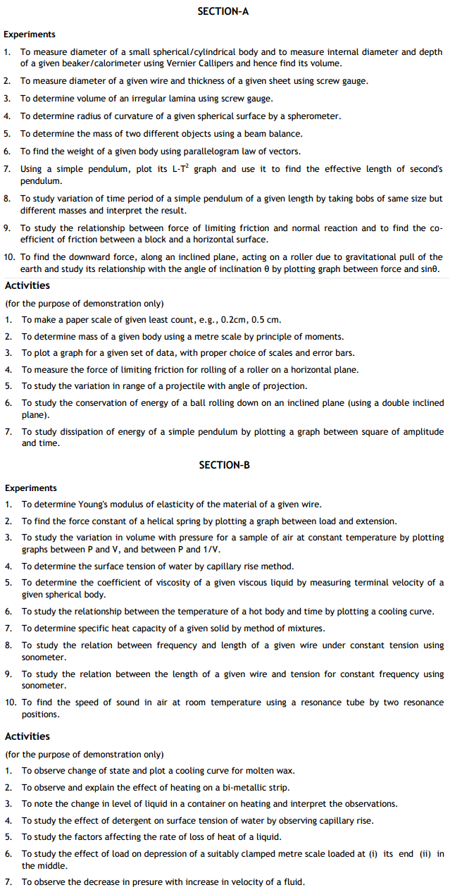 List of Experiments for Class 11th Physics