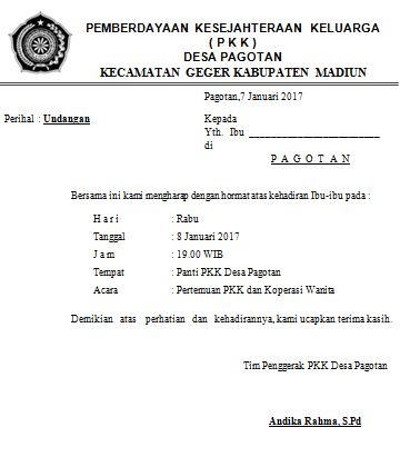 Contoh Surat Undangan Rapat Pertemuan Ibu PKK Sederhana 