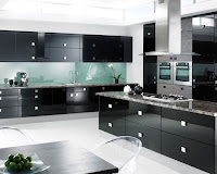 Black Pine Cabinets and Countertops with White Ceramic Floor Kitchen Design