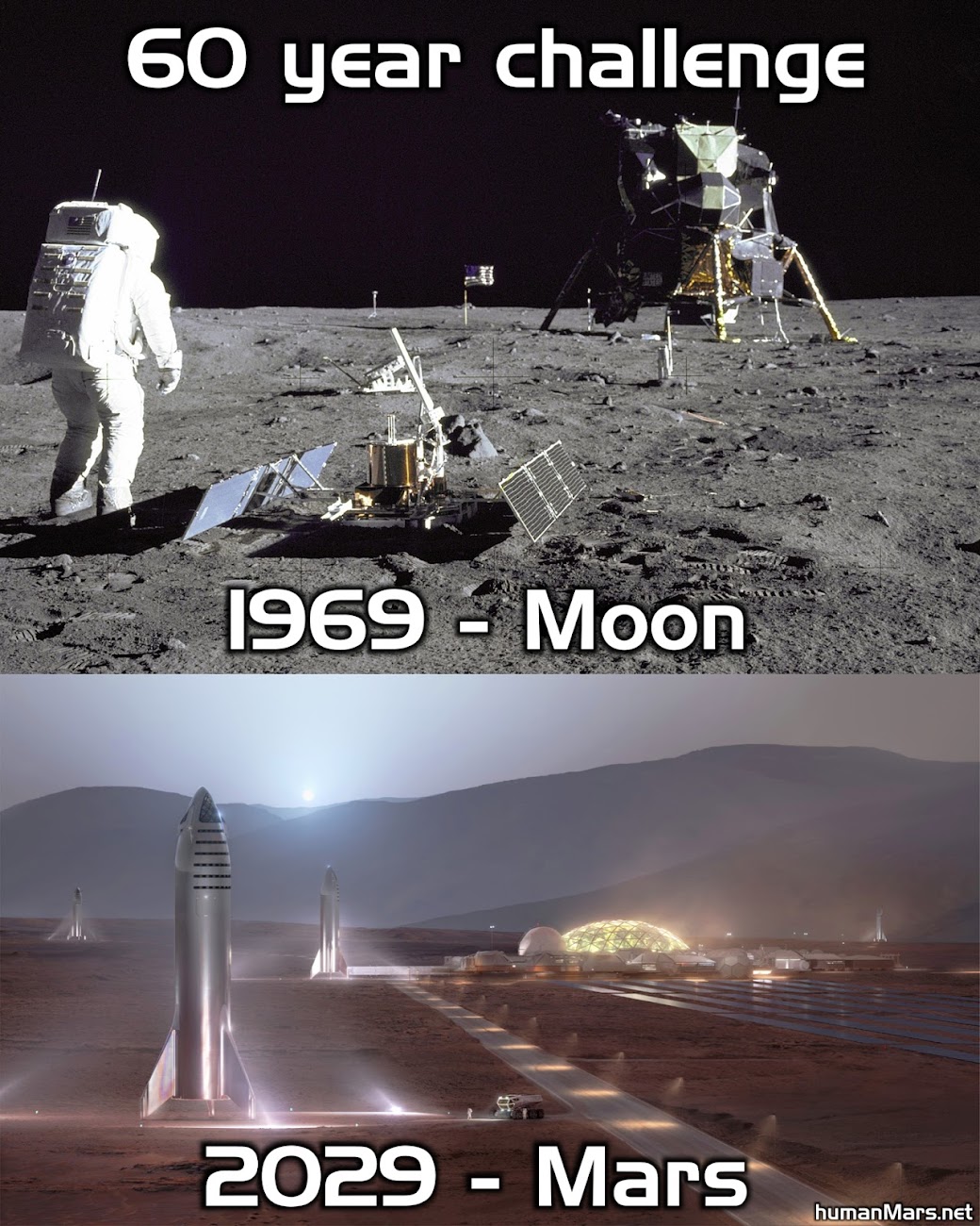 60 year challenge for humanity: 1969 - Moon, 2029 - Mars