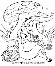 Fairytale easy picture Alice in Wonderland slurping tea magic drink coloring activity for older kids