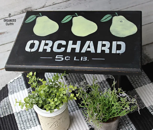 Thrift Shop Stool Upcycled for the Pantry/Kitchen #oldsignstencils #thriftshopmakeover #stencil #farmhouse