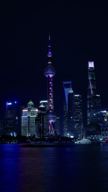شنغهاي ، الصين ، سيتي سكيب ، الليل ، أضواء المدينة ، انعكاس ، 5K