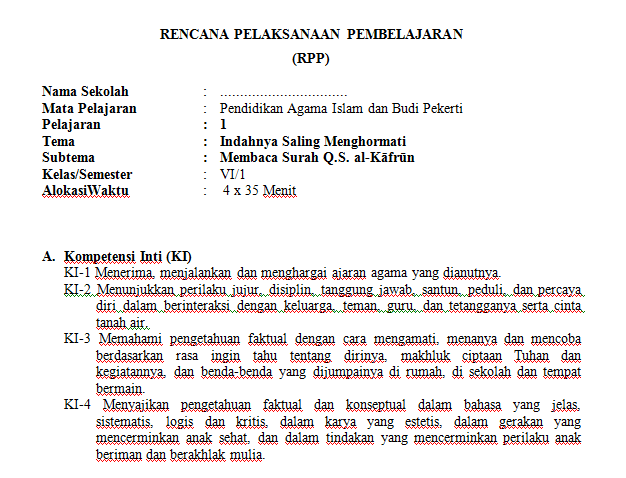 RPP PAI Kelas 6 K13 revisi 2018 Semester 1 dan 2