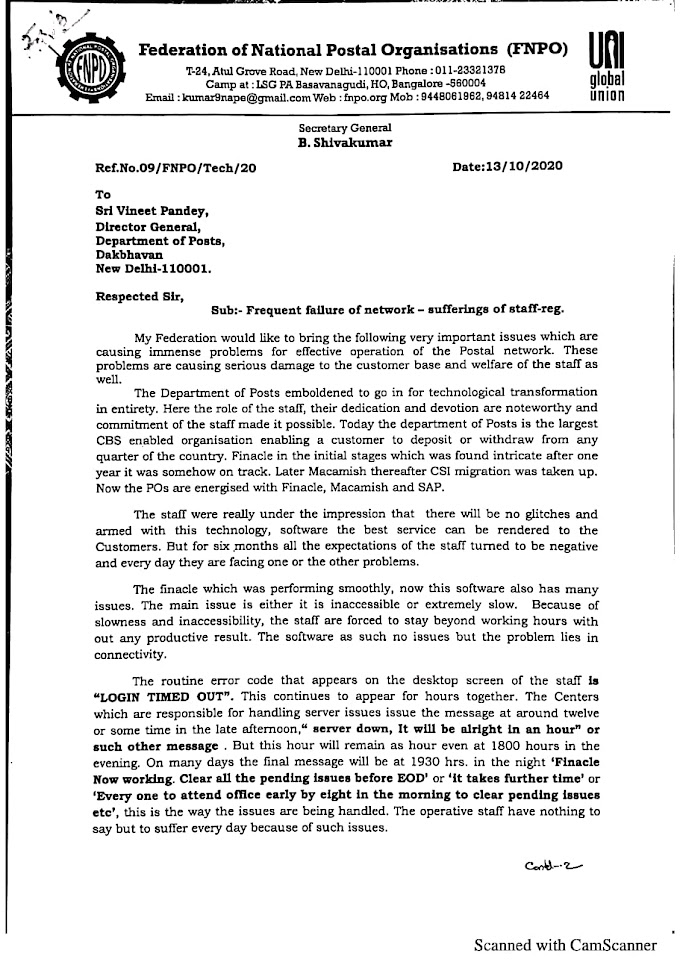 Frequent failure of network - sufferings of staff -Reg : SG FNPO Letter to DG Posts.