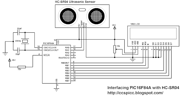 PIC16F84A with HC-SR04 ultrasonic sensor circuit