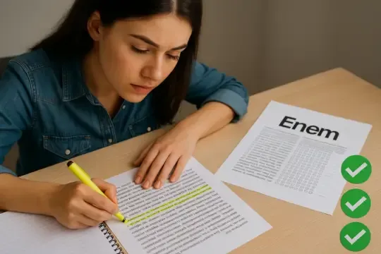 Estudante concentrada lendo texto em inglês com marcações de destaque, ao lado de prova do Enem, representando a busca pela ideia central no exame — Inglês no Enem: Como Achar a Ideia Central do Texto.