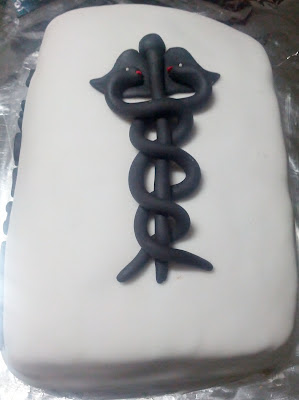 Bolo de aniversário com o simbolo da medicina moldado em pasta americana, recheado com com ganache de chocolate com licor de menta e suspiro de framboesa