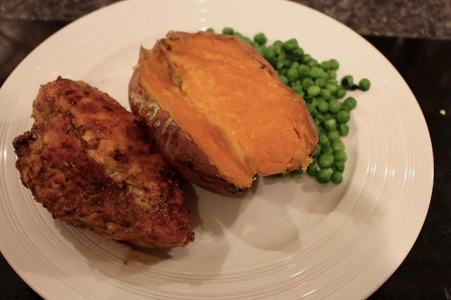 Cajun Chicken with Baked Sweet Potato and Spicy Peas