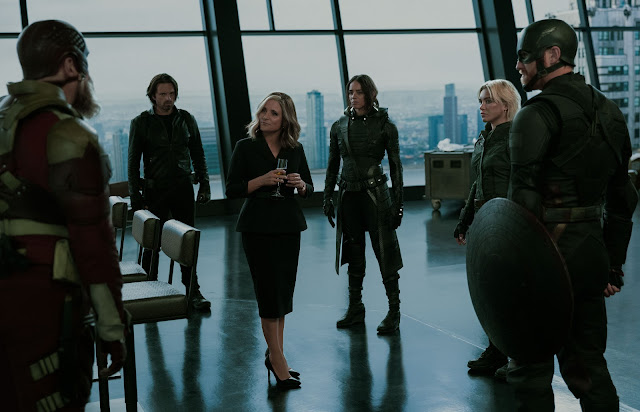 (L-R) Alexei Shostakov / Red Guardian (David Harbour), Bucky Barnes (Sebastian Stan), Valentina Allegra de Fontaine (Julia Louis-Dreyfus), Ghost (Hannah John-Kamen), Yelena Belova (Florence Pugh) and John Walker (Wyatt Russell) in Marvel Studios' THUNDERBOLTS*. Photo by Chuck Zlotnick. © 2025 MARVEL.