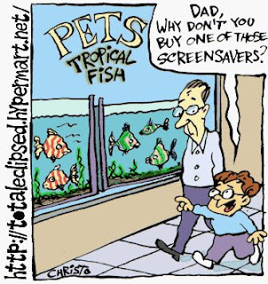 Funkyxone Funny Cartoons: Too much into Technology - A boy thinks a real aquarium as a screensaver 