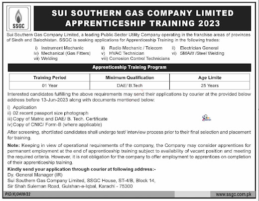 SSGC Sui Southern Gas Company Apprenticeship Jobs 2023