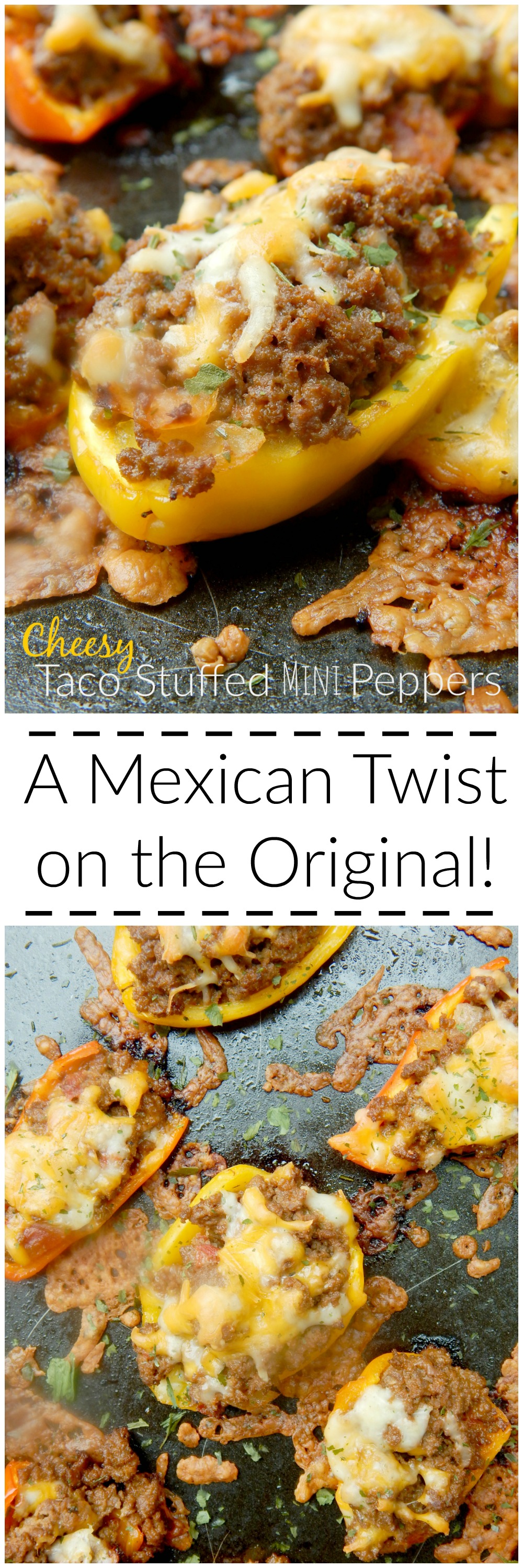 Collage of photos of mini stuffed taco mini peppers, a Mexican twist on the original stuffed pepper.