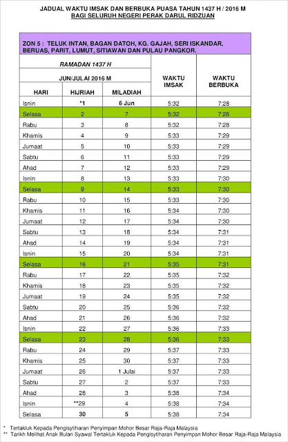 JADUAL WAKTU BUKA PUASA DAN IMSAK 2016 / 1437H UNTUK NEGERI PERAK