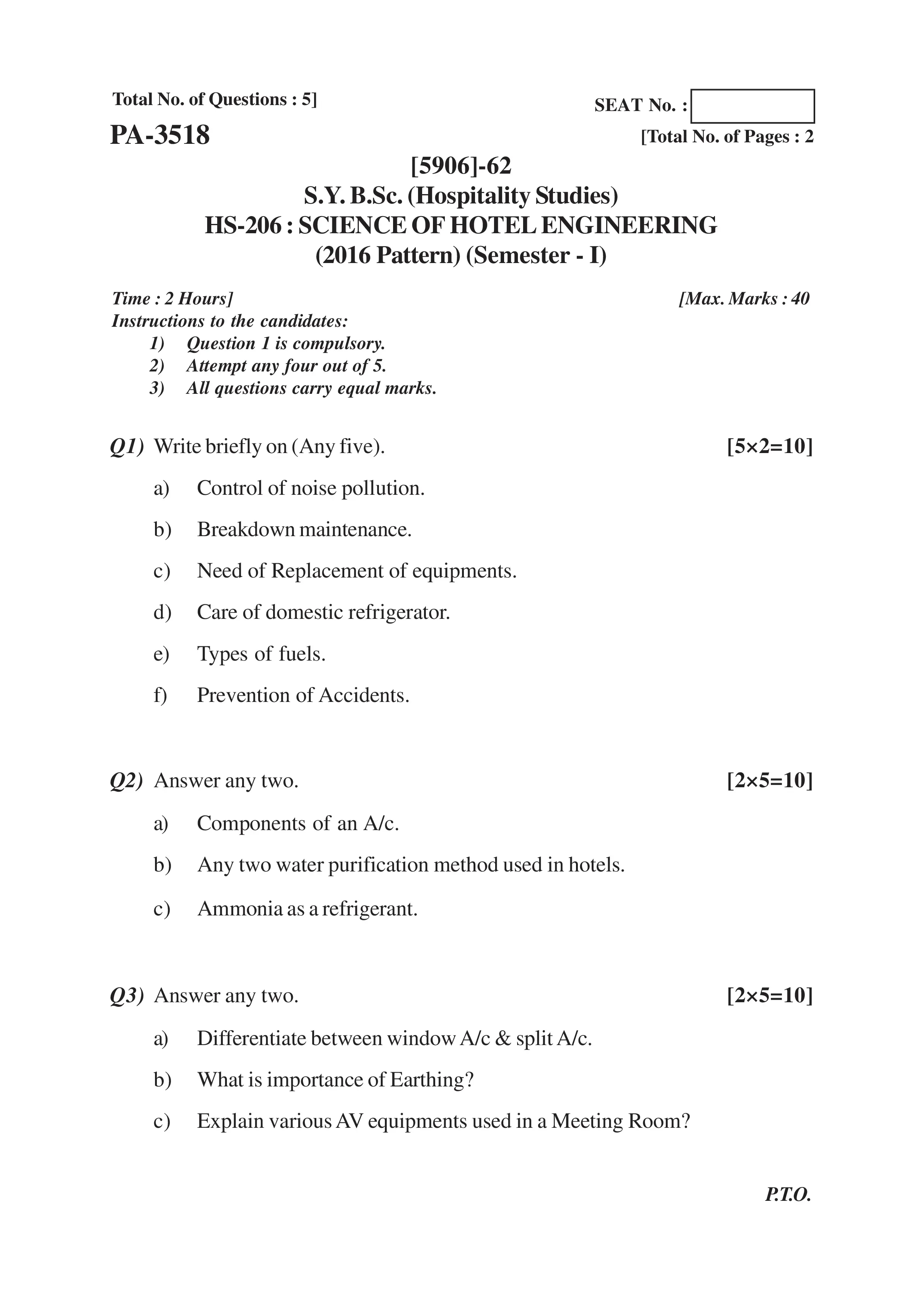 SYBSC(HS) - SCIENCE OF HOTEL ENGINEERING Question Paper (2016 Pattern)