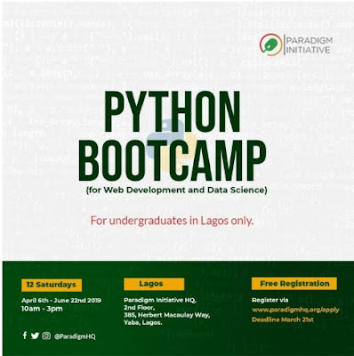 Opportunities for Lagos State Youths :Apply for  Paradigm Initiative Python BootCamp (Web development and Data Science) 2019 for Undergraduates in Lagos 