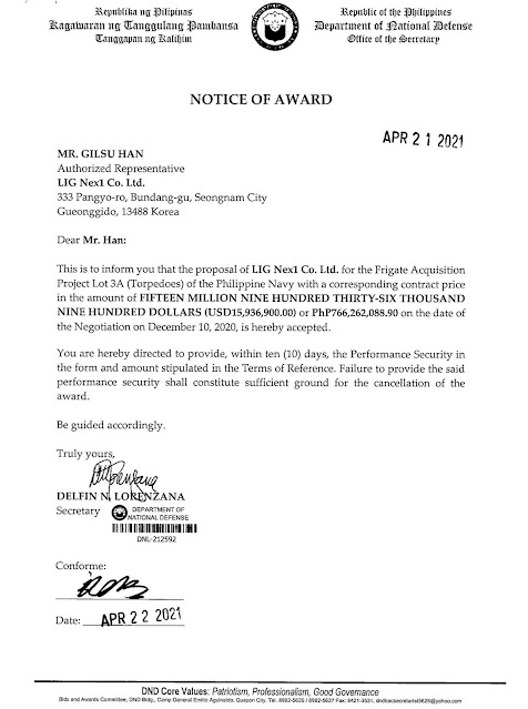The Notice of Award that was released to LIG Nex1 last April 2021