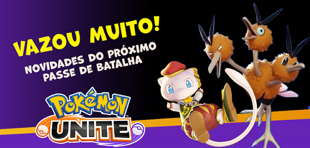 Vazamentos do 10º passe de batalha do Pokémon UNITE. Imagem com fundo preto, a logo do jogo e os pokémons Mew e Dodrio