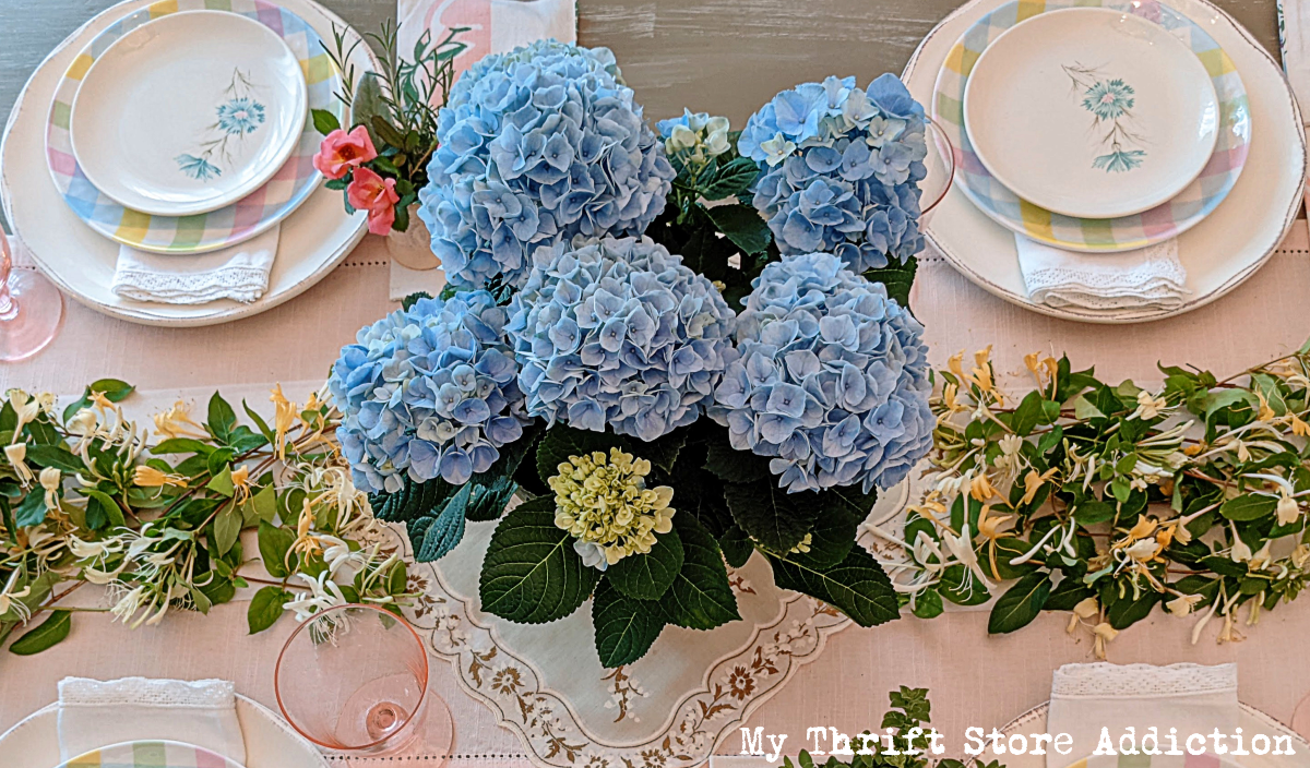 honeysuckle and hydrangeas summer tablescape