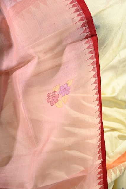 Pink Rani phee dupatta with a red temple border and jamdani pallu.