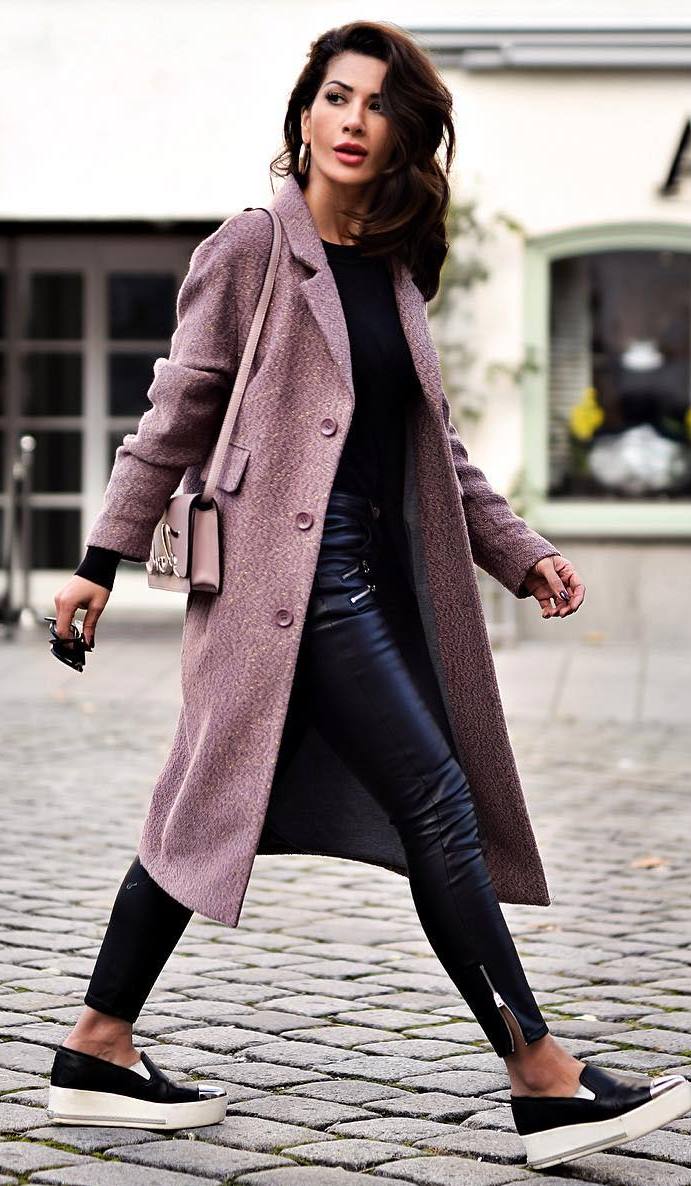 casual style obsession / bag + coat + sneakers + black top + leather skinnies