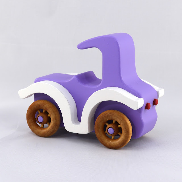 Hand Made Wood Toy Car, Vintage Style Coupe Handmade and Finished with Purple and White Acrylic Paint, and Amber Shellac Bad Bob's Custom Motors