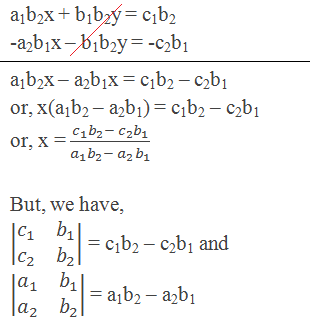 a1b2x + b1b2y = c1b2 -a2b1x – b1b2y = -c2b1 a1b2x – a2b1x = c1b2 – c2b1 or, x(a1b2 – a2b1) = c1b2 – c2b1 or, x = (c_1 b_2- c_2 b_1)/(a_1 b_2- a_2 b_1 )  But, we have, |■(c_1&b_1@c_2&b_2 )| = c1b2 – c2b1 and  |■(a_1&b_1@a_2&b_2 )| = a1b2 – a2b1