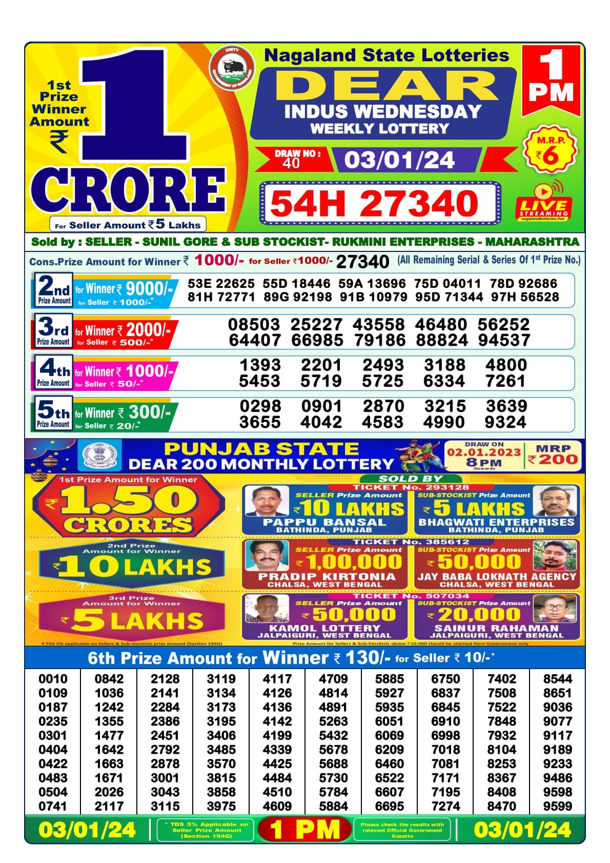 Lottery Sambad 3 Tarik Result 1pm