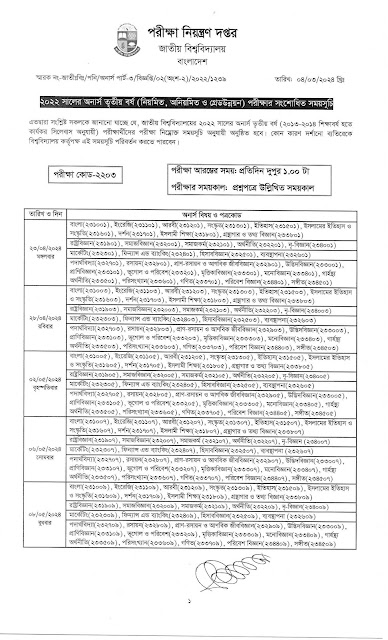 Honours 3rd Year Exam Routine 2024 of National University |  3rd Year Exam Routine 2024