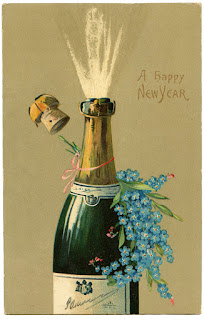 [Image Description] Vintage card image of a champagne bottle popping. Blue foget-me-nots curled around one side.As well as the words "Happy New Year' subtly in the background.