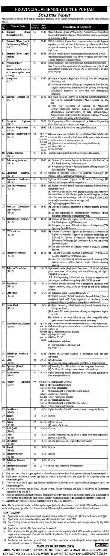 New Jobs in Provincial Assembly of Punjab OTS Jobs 2021 Age (18-50)  OTS Jobs in Punjab Assembly Pakistan - Apply online by www.newjobs.pk