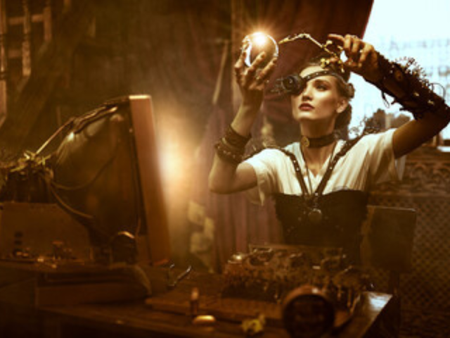 A girl with a globe and mechanical things around her ,its moody