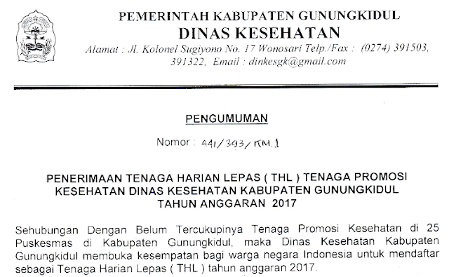 Penerimaan Tenaga Harian Lepas Dinas Kesehatan Kabupaten Gunungkidul