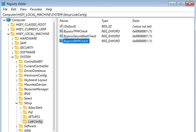 Registry Editor for Windows 11 TPM bypass