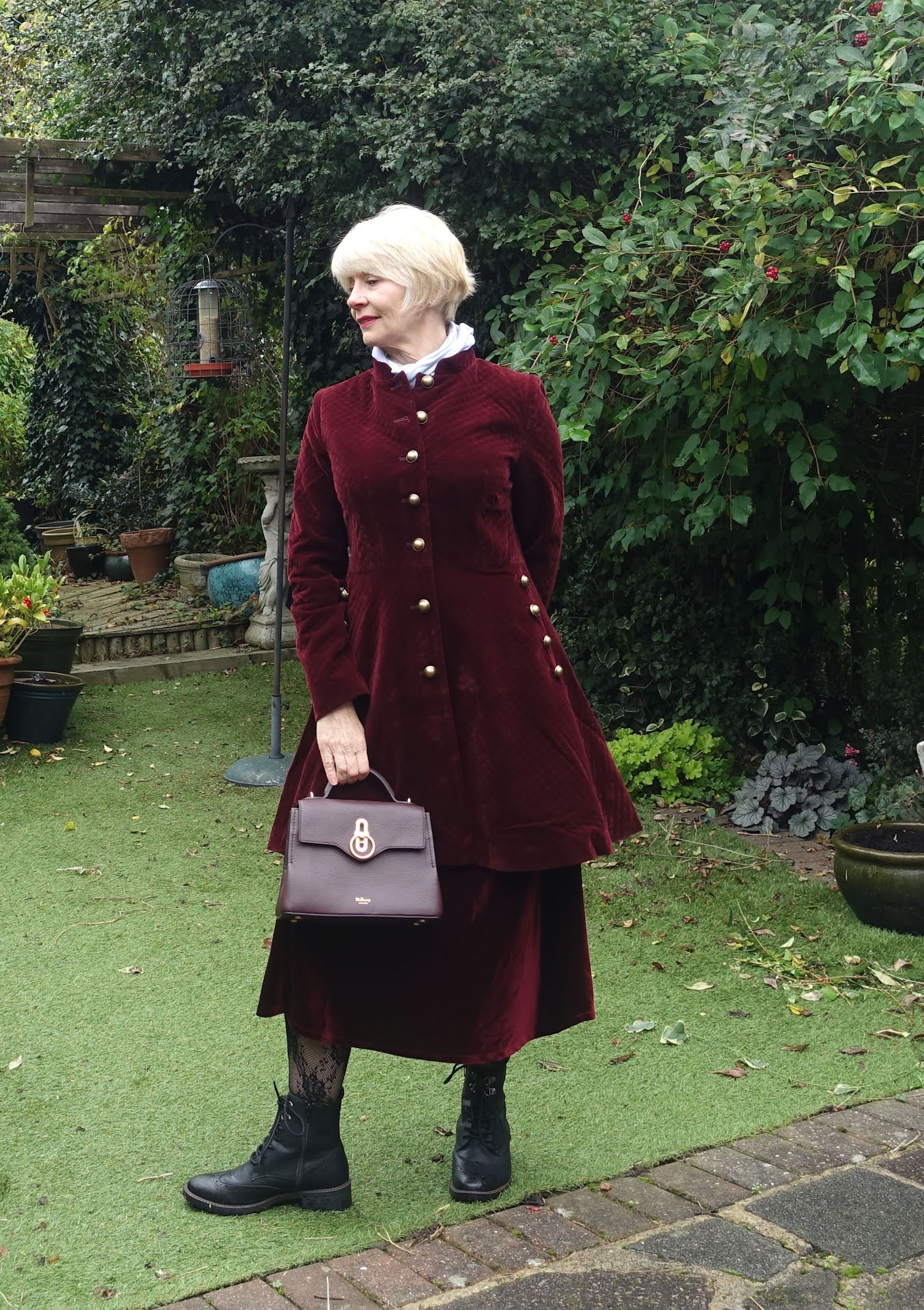 Gail Hanlon from style blog Is This Mutton in burgundy velvet coat from Joe Browns