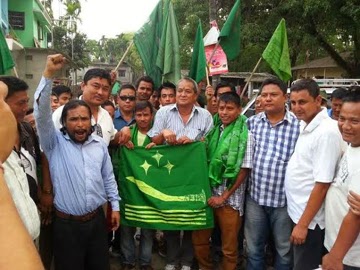 The newly joined GNLF members with party flags in Panighatta on Monday.