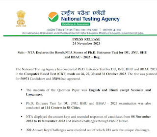 NTA Declares the Result/NTA Scores of Ph.D. Entrance Test for DU, JNU, BHU and BBAU - 2023