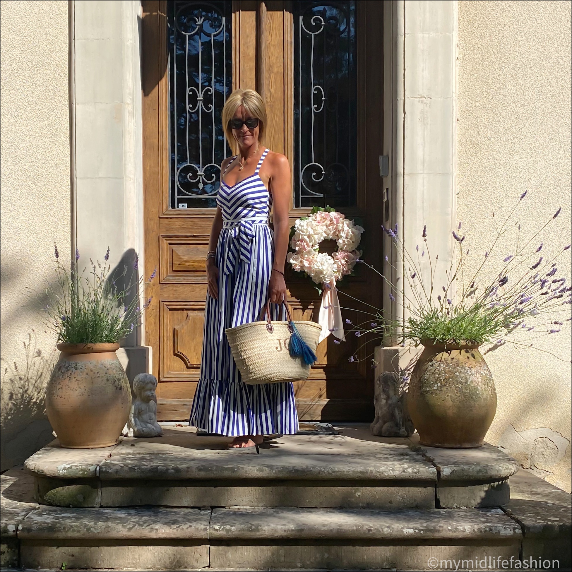 my midlife fashion, j crew stripe maxi dress, initially London covent hand basket