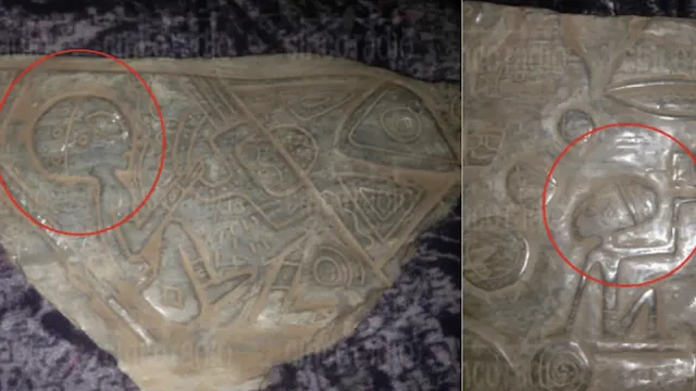 Ancient aliens are carved onto ancient stones.