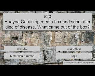 Huayna Capac opened a box and soon after died of disease. What came out of the box? Answer choices include: a snake, a tarantula, butterflies & moths, frogs