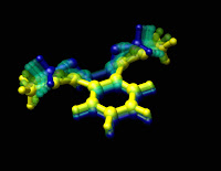 An overlay of images at successive stages of force-induced chemical change. The blue image is the start of the reaction. The yellow image represents the end of the reaction. Graphic by Ashley Levato.