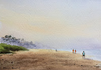 Step by step water color painting of a misty morning scene at a beach in Goa