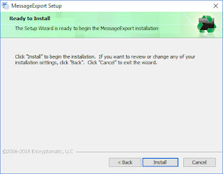 Screen image displays, "The setup wizard is ready to begin the MessageExport Installation."