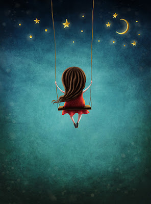 Girl on swing with God, light, stars