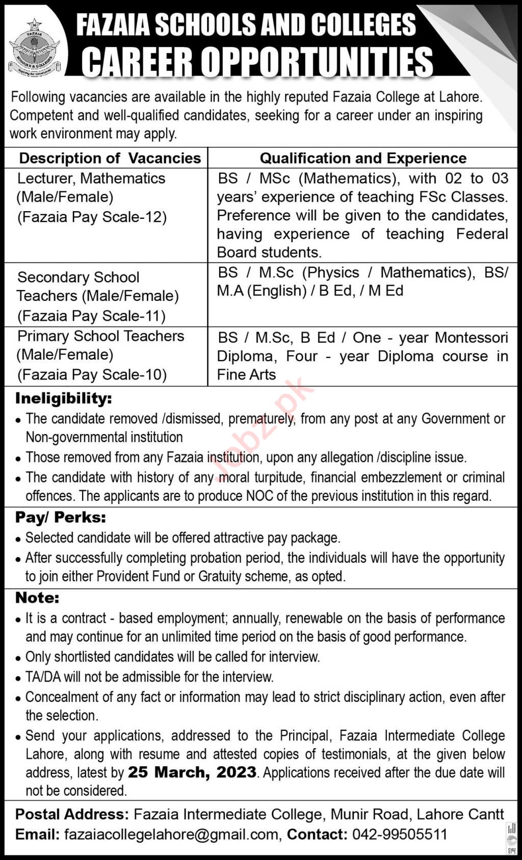 Latest Fazaia Schools and Colleges Teaching Posts Lahore 2023