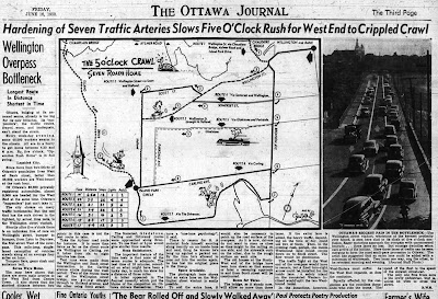 Newspaper clipping with a large cartoon-like drawing showing routes from Wellington and Bank to Carling and Island Park, via seven different routes which are numbered and times are given. The balance of the half-page is taken up by an article with the headline, Hardening of Seven Traffic Arteries Slows Five O'Clock Rush for West End to Crippled Crawl.