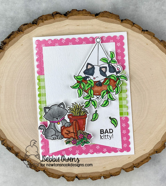 Bad kitty by Debbie featurews by Naughty Newton, Newton's Hanging Basket, Frames & Flags, and Spring Blooms by Newton's Nook Designs; #inkypaws, #newtonsnook, #catcards, #cardmaking, #cardchallenge